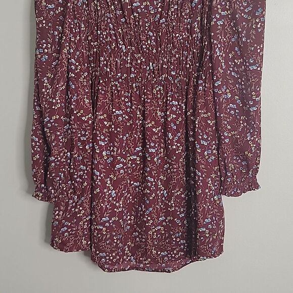 Reset By Jane Square Neckline Floral Burgundy Mini Long sleeve Dress La… - Picture 8 of 11